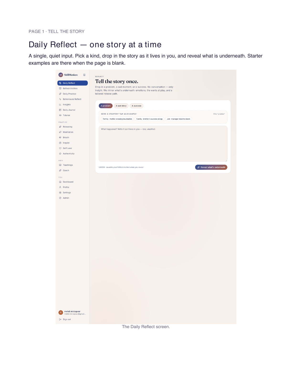Daily Reflect screen for one story at a time